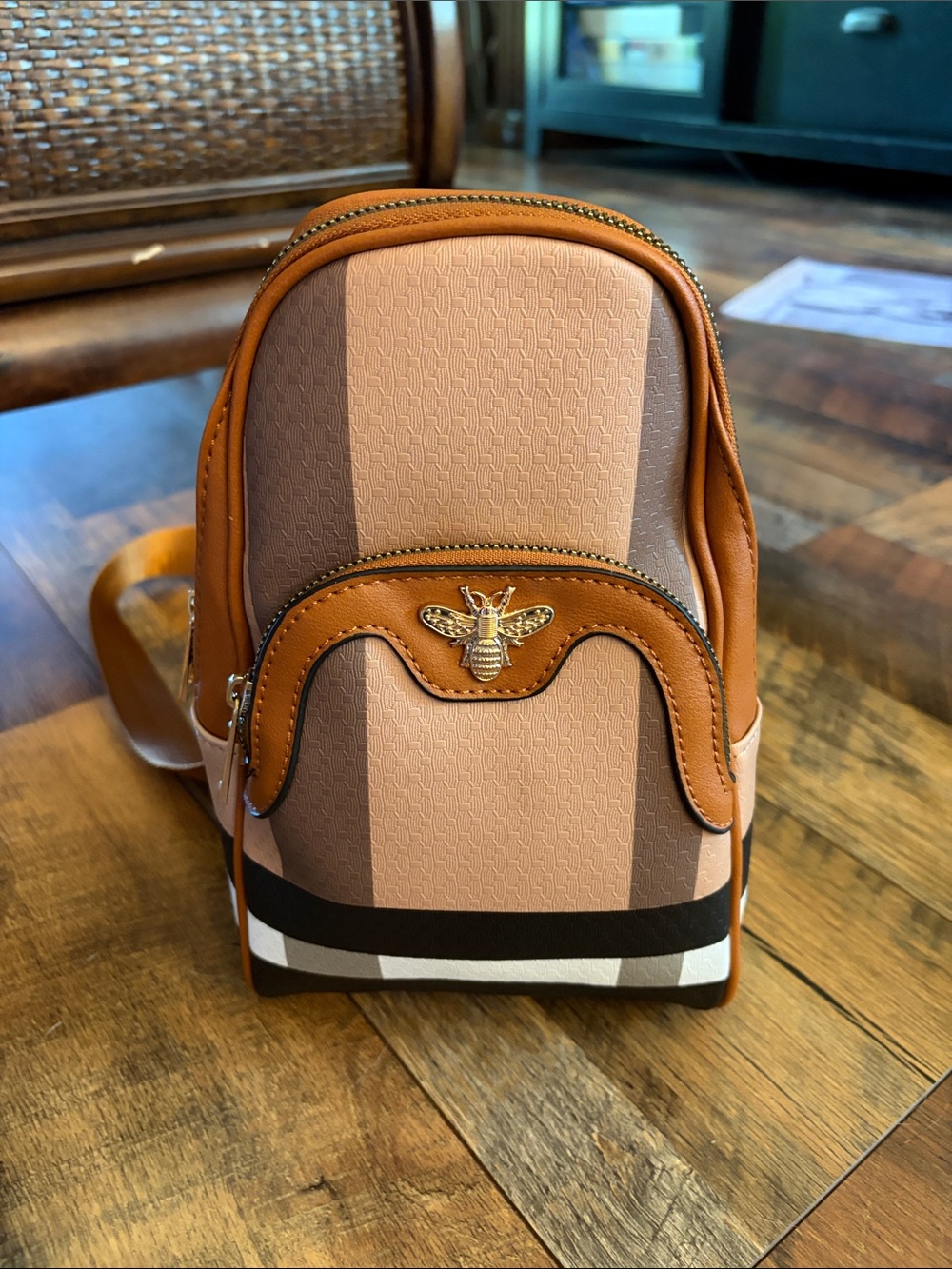 Compact Tan and Beige Striped Mini Backpack